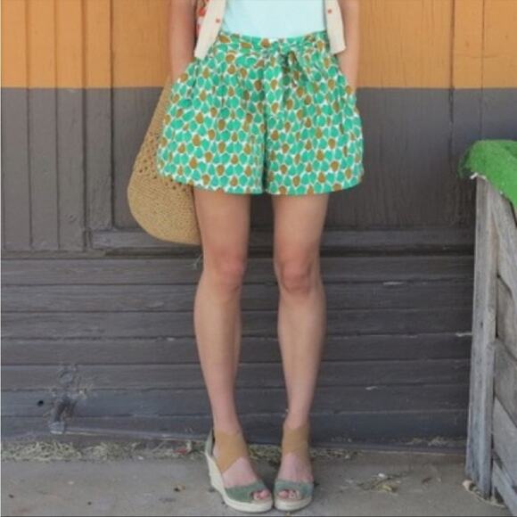 Daughters Liberation Anthropologie Green Yellow Pear Print Tie Dress Shorts 00 - Picture 8 of 10